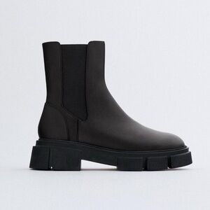 Zara Lug Sole Low Heel Leather Ankle Black Boots- leather upper